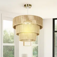 HOMCOM Hemp Rope Ceiling Light, 3-Layer Boho Pendant Light, 4 x E14 Vintage Ceiling Lamp Fixtures for Living Room, Bedroom, Kitchen, Hallway, Light Brown - 8