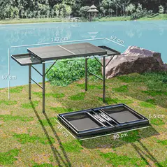 Outsunny Folding Grill Table, 4.5ft Portable Camping Table with 2 Wing Panels, Height Adjustable Metal Picnic Table for Camping, Picnic and BBQ, Black - 2