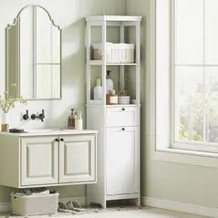 HOMCOM Tall Bathroom Cabinet, with Laundry Basket - White - 1
