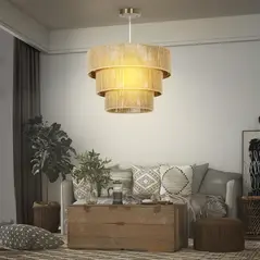 HOMCOM Hemp Rope Ceiling Light, 3-Layer Boho Pendant Light, 4 x E14 Vintage Ceiling Lamp Fixtures for Living Room, Bedroom, Kitchen, Hallway, Light Brown - 5