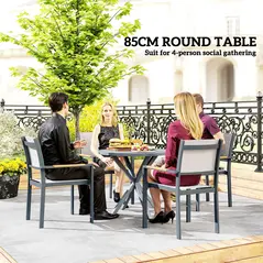 Outsunny Garden Table, 85cm Round Outdoor Dining Table with Steel Frame, Wood Effect Top, for Balcony, Deck, Dark Grey - 3