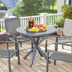Outsunny Garden Table, 85cm Round Outdoor Dining Table with Steel Frame, Wood Effect Top, for Balcony, Deck, Dark Grey - 1
