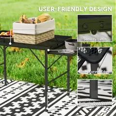 Outsunny Folding Grill Table, 4.5ft Portable Camping Table with 2 Wing Panels, Height Adjustable Metal Picnic Table for Camping, Picnic and BBQ, Black - 6