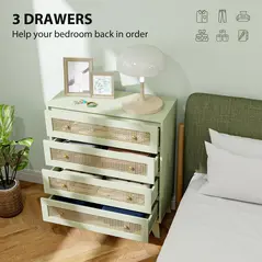 HOMCOM Chest of Drawers, 4-Drawer Storage Organiser Unit with Rattan Element for Bedroom, Living Room, Light Green - 4