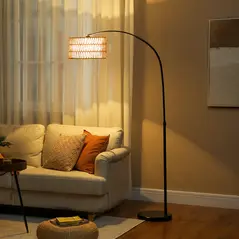 HOMCOM Rattan Floor Lamp for Living Room, Farmhouse Arc Standing Lamp with Dual-Layer Shade & Foot Switch, Height Adjustable Minimalist Tall Pole Lampshade for Bedroom, Office, Black - 1