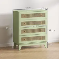 HOMCOM Chest of Drawers, 4-Drawer Storage Organiser Unit with Rattan Element for Bedroom, Living Room, Light Green - 2
