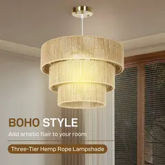 HOMCOM Hemp Rope Ceiling Light, 3-Layer Boho Pendant Light, 4 x E14 Vintage Ceiling Lamp Fixtures for Living Room, Bedroom, Kitchen, Hallway, Light Brown - 3