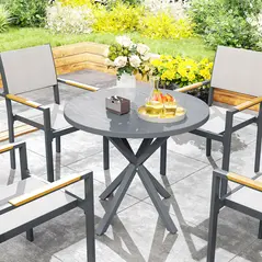 Outsunny Garden Table, 85cm Round Outdoor Dining Table with Steel Frame, Wood Effect Top, for Balcony, Deck, Dark Grey - 8