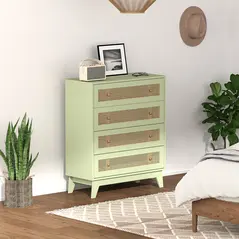 HOMCOM Chest of Drawers, 4-Drawer Storage Organiser Unit with Rattan Element for Bedroom, Living Room, Light Green - 1