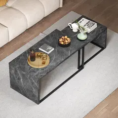 HOMCOM Nesting Coffee Table Set of 2, Industrial Stacking Side End Tables with Metal Frame for Living Room, Bedroom, Dark Grey Marble Effect - 7