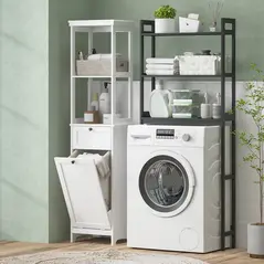 HOMCOM Tall Bathroom Cabinet, with Laundry Basket - White - 7