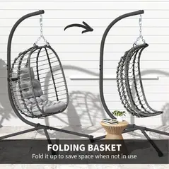 Outsunny Rattan Hanging Egg Chair, Foldable Wicker Hammock Swing Chair with Cushion, Stand, Adjustable Height, Head Pillow, Steel Frame for Garden Patio Indoor Outdoor, Light Grey - 5