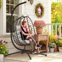 Outsunny Rattan Hanging Egg Chair, Foldable Wicker Hammock Swing Chair with Cushion, Stand, Adjustable Height, Head Pillow, Steel Frame for Garden Patio Indoor Outdoor, Light Grey - 8