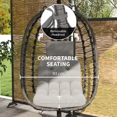 Outsunny Rattan Hanging Egg Chair, Foldable Wicker Hammock Swing Chair with Cushion, Stand, Adjustable Height, Head Pillow, Steel Frame for Garden Patio Indoor Outdoor, Light Grey - 4