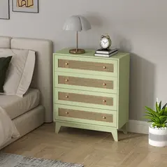 HOMCOM Chest of Drawers, 4-Drawer Storage Organiser Unit with Rattan Element for Bedroom, Living Room, Light Green - 8