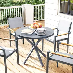 Outsunny Garden Table, 85cm Round Outdoor Dining Table with Steel Frame, Wood Effect Top, for Balcony, Deck, Dark Grey - 7