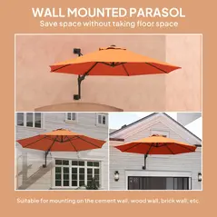 Outsunny 3(m) Wall-Mounted Parasol Shade, with Handle - Orange - 7