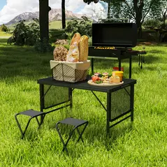 Outsunny Folding Grill Table, 4.5ft Portable Camping Table with 2 Wing Panels, Height Adjustable Metal Picnic Table for Camping, Picnic and BBQ, Black - 8