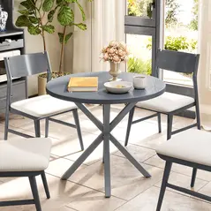 Outsunny Garden Table, 85cm Round Outdoor Dining Table with Steel Frame, Wood Effect Top, for Balcony, Deck, Dark Grey - 6