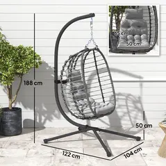 Outsunny Rattan Hanging Egg Chair, Foldable Wicker Hammock Swing Chair with Cushion, Stand, Adjustable Height, Head Pillow, Steel Frame for Garden Patio Indoor Outdoor, Light Grey - 2