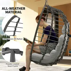 Outsunny Rattan Hanging Egg Chair, Foldable Wicker Hammock Swing Chair with Cushion, Stand, Adjustable Height, Head Pillow, Steel Frame for Garden Patio Indoor Outdoor, Light Grey - 3