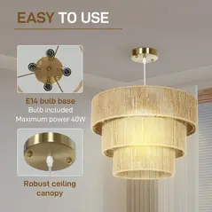 HOMCOM Hemp Rope Ceiling Light, 3-Layer Boho Pendant Light, 4 x E14 Vintage Ceiling Lamp Fixtures for Living Room, Bedroom, Kitchen, Hallway, Light Brown - 4