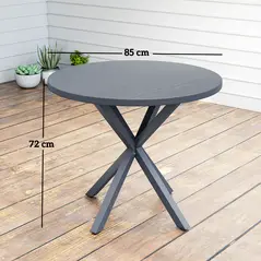 Outsunny Garden Table, 85cm Round Outdoor Dining Table with Steel Frame, Wood Effect Top, for Balcony, Deck, Dark Grey - 2