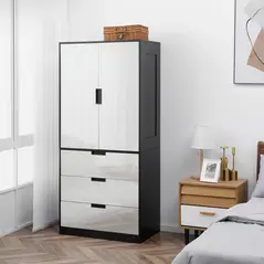 HOMCOM 2 Door Wardrobe, Modern Wardrobe with 3 Drawers and Hanging Rod for Bedroom, High Gloss White - 7
