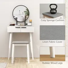 HOMCOM Modern Dressing Table with Round Mirror and Stool, Makeup Vanity Table with 2 Drawers for Bedroom, Living Room, 60 x 40 x 123 cm, White - 3