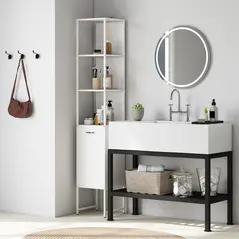 HOMCOM Tall Bathroom Cabinet with Open Shelves and Adjustable Shelf - White - 1