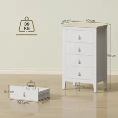 HOMCOM Bedroom Chest of Drawers, Modern 4 Drawer Dresser Cabinet with PU Leather Handles and Metal Runners for Living Room, Hallway, Entryway, 60 x 40 x 98 cm, White - 2