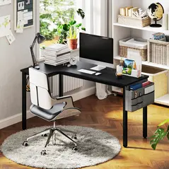 HOMCOM L-Shaped Computer Gaming Desk with Fabric Bag, Hooks and Cable Management, 145 x 81 x 76cm - Black - 1