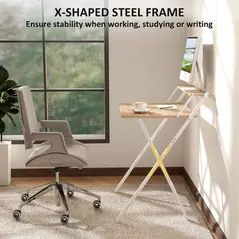 HOMCOM 70 cm Folding Computer Desk with Monitor Shelf - Natural Wood Finish - 5