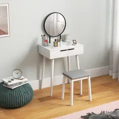 HOMCOM Modern Dressing Table with Round Mirror and Stool, Makeup Vanity Table with 2 Drawers for Bedroom, Living Room, 60 x 40 x 123 cm, White - 7