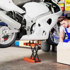 HOMCOM 500 kg Motorcycle Scissor Lift Jack, Heavy Duty Steel Adjustable Motorbike Lifting Hoist Stand with Safety Pin, Foldable Lifter for Dirt Bike Repair Maintenance, 45x15 cm Large Platform, Orange - 1