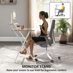 HOMCOM 70 cm Folding Computer Desk with Monitor Shelf - Natural Wood Finish - 4