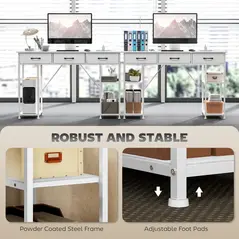 HOMCOM 120cm Computer Desk with Power Outlets, Office Desk Study Table with 3 Fabric Drawers and 4 Storage Shelves, White - 6
