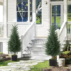 HOMCOM Artificial Plants Outdoor, 90 cm Fake Cypress Tree with Plastic Pots, UV-Resistant Faux Plants for Garden Front Porch Decoration, 2 Pack - 1
