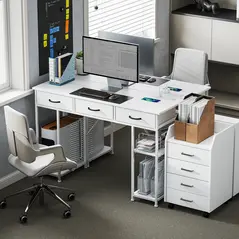HOMCOM 120cm Computer Desk with Power Outlets, Office Desk Study Table with 3 Fabric Drawers and 4 Storage Shelves, White - 7
