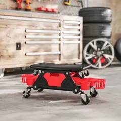 HOMCOM Rolling Mechanic Stool, 135kg Capacity Workshop Stool with 360° Swivel Wheels, Roller Creeper Seat with Slide Out Tool Trays, Drawer, Bottle Holders for Garage, Shop, Auto Repair, Red - 8
