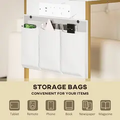 HOMCOM C-Shaped Bedside Table with Charging Station, Marble Grain Side Table with Power Outlets & USB Ports, Storage Bags, for Bedroom, Living Room, White - 5