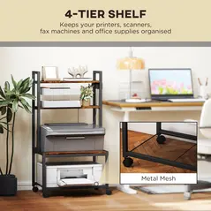 HOMCOM 4-Tier Printer Stand with Power Outlets and Wheels - Rustic Brown - 4