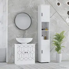 kleankin Line Embossed Tall Bathroom Storage Cabinet - White - 1