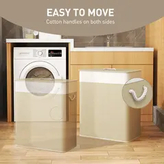 HOMCOM Double Laundry Basket with Lid, 100L Bamboo Laundry Hamper with Rope Handles, Washing Basket with Removable Liner for Bathroom, Bedroom, Cream White - 5