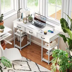 HOMCOM 120cm Computer Desk with Power Outlets, Office Desk Study Table with 3 Fabric Drawers and 4 Storage Shelves, White - 1
