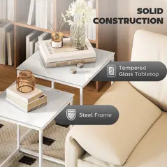 HOMCOM Nest of Tables, Set of 2 Coffee Table, Side Tables with Tempered Glass Desktop and Metal Frame for Living Room, Bedroom, Office, White - 4