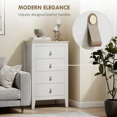 HOMCOM Bedroom Chest of Drawers, Modern 4 Drawer Dresser Cabinet with PU Leather Handles and Metal Runners for Living Room, Hallway, Entryway, 60 x 40 x 98 cm, White - 4