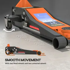 HOMCOM 3 Ton Hydraulic Low-Profile Floor Jack, with 7.5-50.5cm Lifting Range, Wheels, Orange - 7