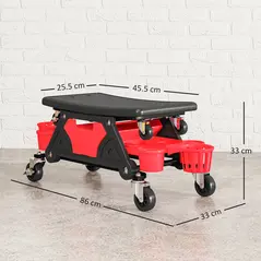 HOMCOM Rolling Mechanic Stool, 135kg Capacity Workshop Stool with 360° Swivel Wheels, Roller Creeper Seat with Slide Out Tool Trays, Drawer, Bottle Holders for Garage, Shop, Auto Repair, Red - 2