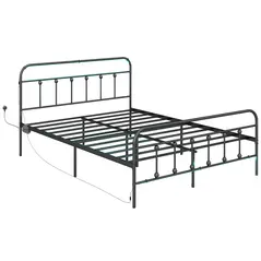 HOMCOM King Bed Frame with LED Lights and Charging Station, Metal Platform Bed Frame with Under Bed Storage, Black - 1